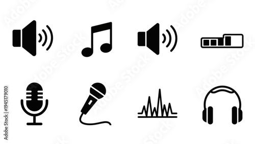 Vector icon sheet of audio equipment and music symbols