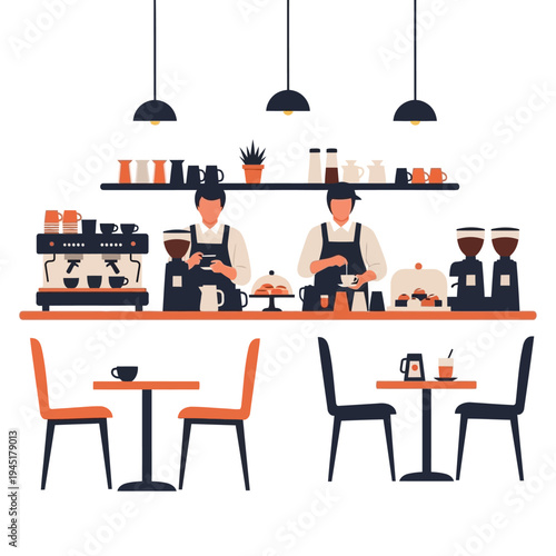 Baristas preparing coffee at a modern cafe counter with tables and chairs