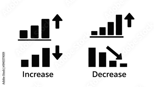 Vector icon sheet displays graphs with arrows for Increase Decrease trends