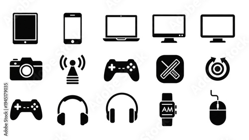 Vector icon sheet of various modern technology and gaming devices on screen