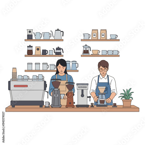 Baristas preparing coffee at a modern cafe counter with espresso machine and grinders