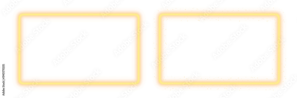 Obraz premium Neon glowing golden rectangle outline empty frame overlay with luminous light particles effect isolated on transparent background for modern design, banner, poster, and digital artwork