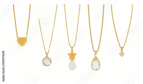 Feminine gold pendant necklace jewelry vector collection elegant fashion accessory isolated on white