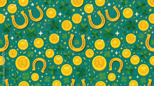 Lucky Irish Pattern Featuring Golden Horseshoes, Coins, and Shamrocks on a Green Background for St