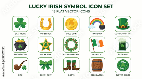 Vibrant collection of lucky Irish symbols and festive flat vector icons, perfect for St. Patrick's Day celebrations, cultural designs, and graphic projects