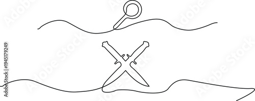 Magnifying glass and crossed swords on a wavy line background. Vector