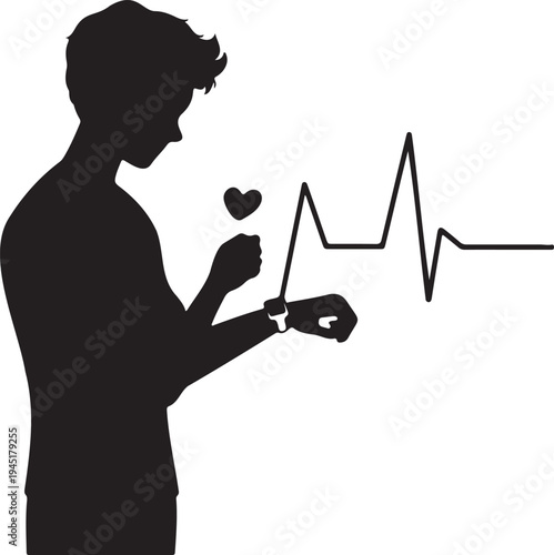 Silhouette of a person checking smartwatch with heart rate graph