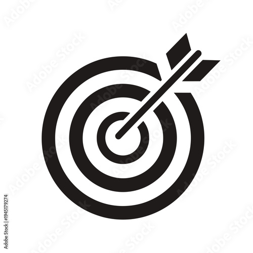 A black and white illustration of an arrow hitting the center of a target. isolated on white background, Vector, illustration