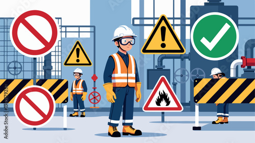 Industrial Workplace Safety with Workers Warning Signs and Hazard Prevention