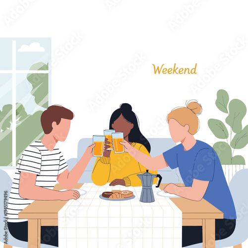 Friends toasting with orange juice at a weekend breakfast table with pastries