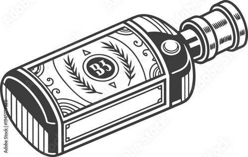 Vintage Whiskey Bottle Label Style Line Art Illustration, Antique Liquor Bottle Engraving Design, Retro Distillery Graphic