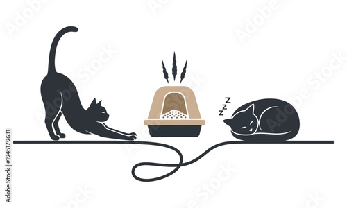 Cute illustration of two black cats with one stretching and one sleeping next to a covered litter box