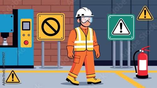Industrial Worker in Full PPE Walking Past Safety Signs and Fire Extinguisher