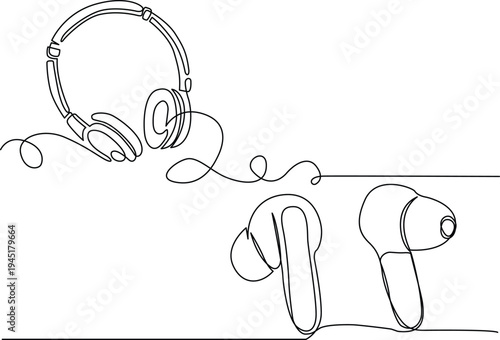 A drawing of a pair of over-ear headphones and a pair of earbuds Vector