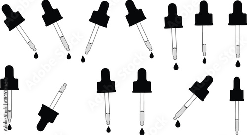Medical dropper pipette silhouettes with liquid drops laboratory tool set for chemistry medicine pharmacy vector illustration isolated icons