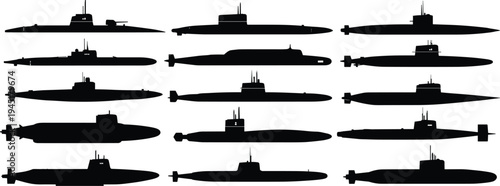 Military submarine silhouettes collection underwater naval fleet vessels including nuclear submarines torpedo submarines and navy warship icons vector illustration set