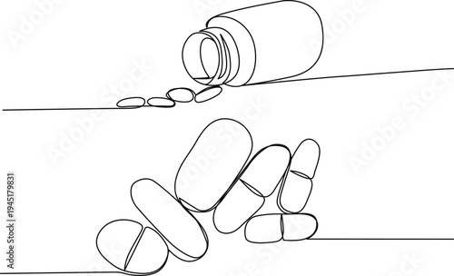 A bottle of pills tipped over on a flat surface with pills scattered around Vector