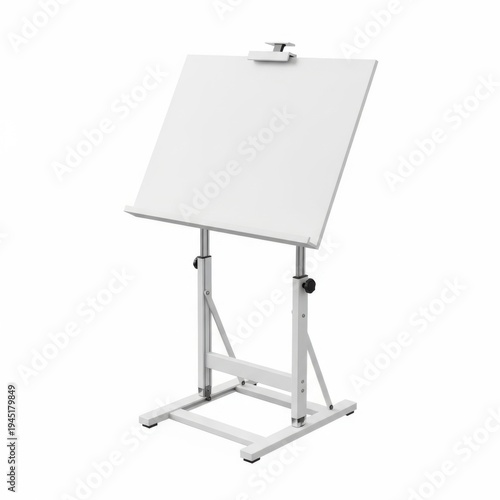 Adjustable white drawing board on a sturdy metal stand with wheels