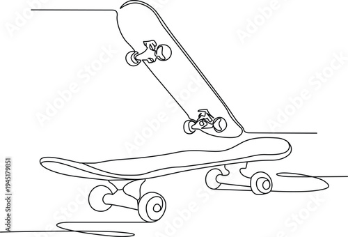 Skateboarders performing tricks in a skate park with ramps and rails. Vector