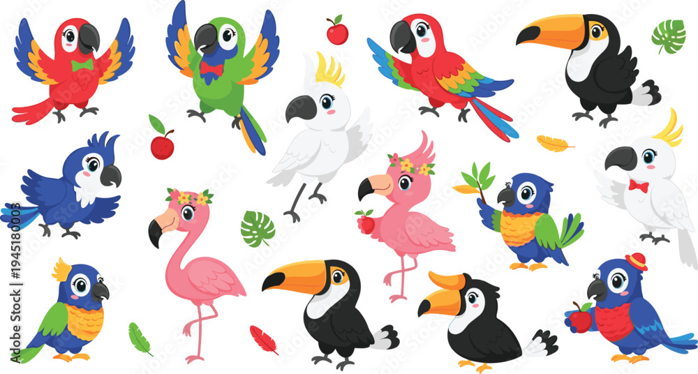 Fototapeta premium Cute Exotic Tropical Bird Mascot Collection with Parrots Toucans Flamingos and Colorful Cartoon Jungle Birds with Fruits and Leaves Vector Set