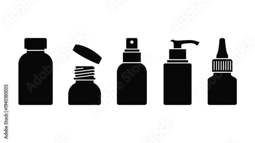 Assorted bottles with different spray nozzles and caps in a row isolated on white background, Vector, illustration
