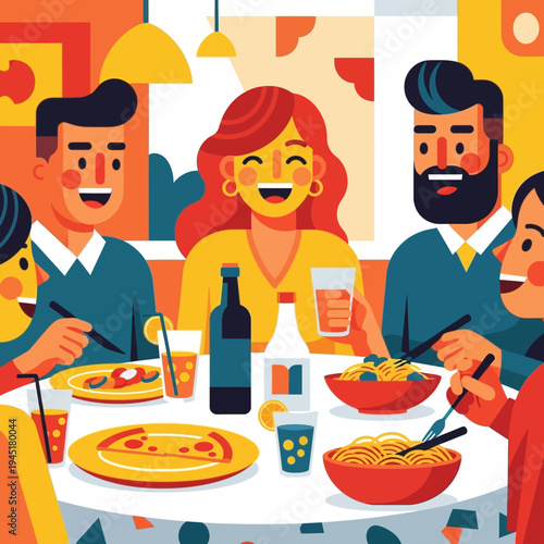 Happy friends enjoying a delicious Italian dinner party with pizza and pasta