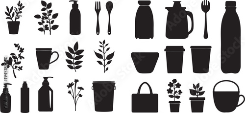 Collection of zero waste items including containers, bottles, and plants