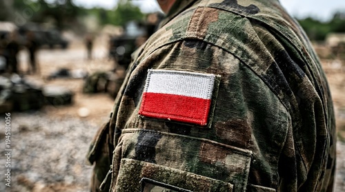 A soldier wearing a camouflage uniform with a Polish flag patch on their shoulder in a military setting