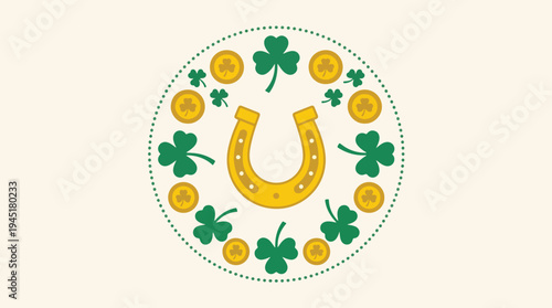 Lucky Horseshoe with Clover Leaves Symbolizing Good Fortune and Irish St Patrick's Day Celebration