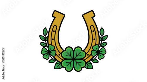 Golden horseshoe with lucky clover and green leaves, a symbol of good fortune and celebration