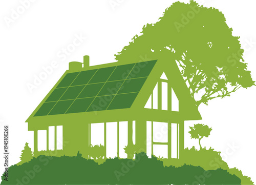 Eco-friendly house with solar panels and green surroundings