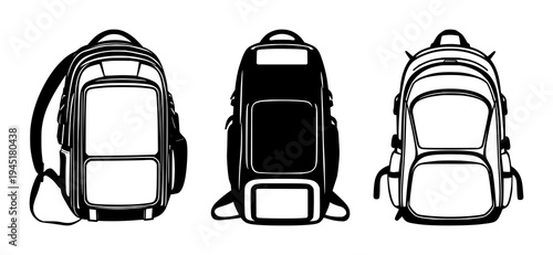 Smart backpack set with solid black silhouette and solar panels and integrated straps featuring high‑tech, nomadic tech lifestyle, white background with silhouette and straps