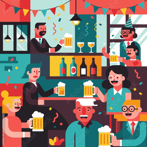 Happy people celebrating with drinks at a bar, party atmosphere, cheers, festive mood