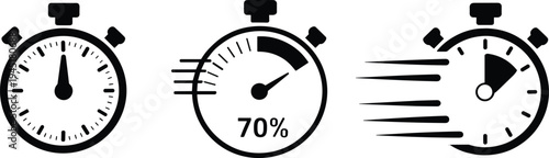 Stopwatch timer speed progress icon set with countdown clock and performance indicator symbols black silhouette vector illustration collection