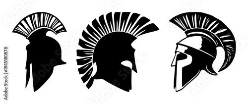 Roman centurion helmet set with stark black silhouette featuring ancient warrior theme, sharp crest detail with historical military and protective headwear