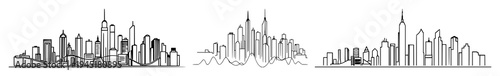 Smart city skyline set with abstract line art and data waves featuring urban planning 2026, thin consistent stroke, white background with urban concept and technology