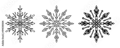 Snowflake circuit board set with symmetrical line art with circuit board traces and tech-winter theme featuring snowflake, circuit board, tech with sharp lines and isolated background