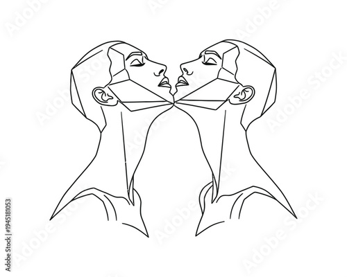 Minimalist line art illustration of two geometric human figures facing each other in profile.