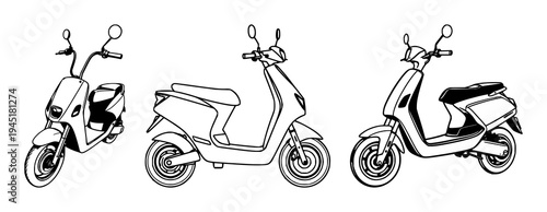 Electric scooter set with stylized graphic vector featuring urban mobility, minimalist style, clean lines with white background and vector illustration