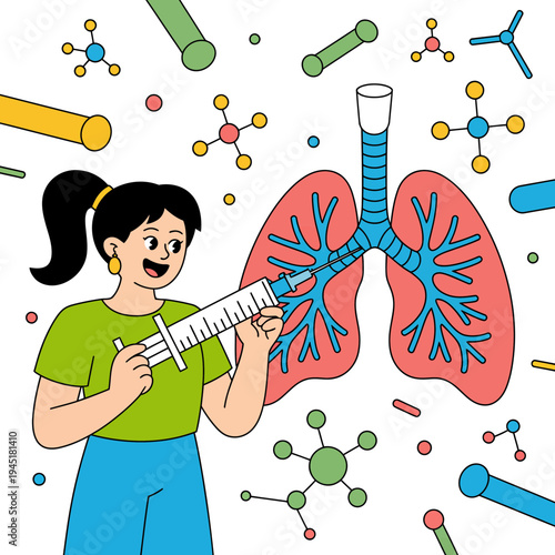A cartoon woman measuring lungs with a ruler in a colorful medical illustration