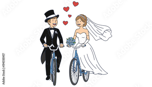 Wedding couple riding bicycles with hearts and love in the air