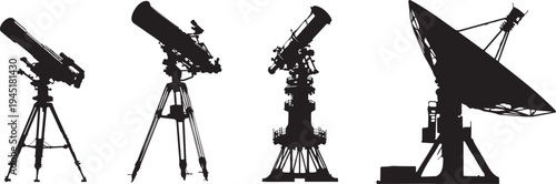Collection of telescopes and a satellite dish on white background