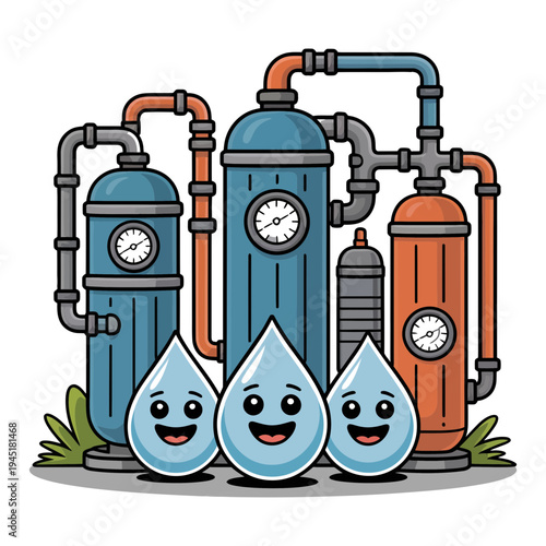 Water filter system illustration with smiling water droplets and industrial pipes