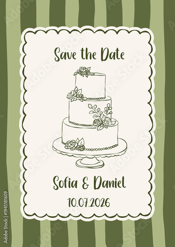 Wedding invitation card design template. Elegant wedding card with ink line wedding cake on sage striped background. Vintage coquette illustration