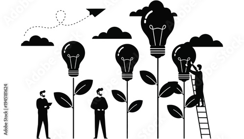 A black silhouette illustration of people growing lightbulb ideas