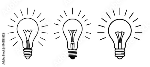 Light bulb set with glowing icon centered on light gray background featuring thick dark gray line art, radiating strokes, minimalist with neutral palette and modern flat