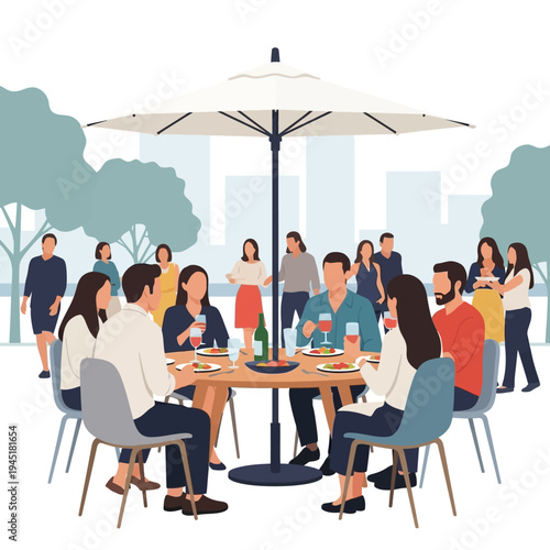 Outdoor dining party with friends and family enjoying a meal under a large umbrella