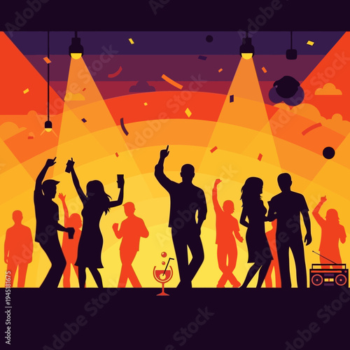 Party People Dancing Silhouette Under Spotlight with Confetti