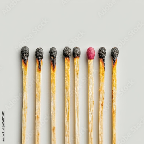 Row of burnt matches with one unused red-tipped match
