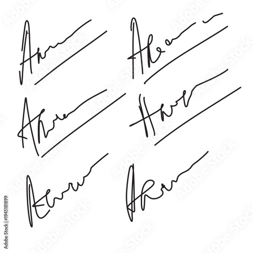 Vector set with fake handwritten personal signatures, sample cursive autographs for dummy documents, certificate mockups in eps 10.